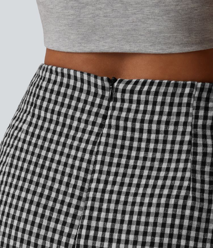 High Waisted 2-in-1 A Line Plaid Mini Casual Linen-Feel Skirt