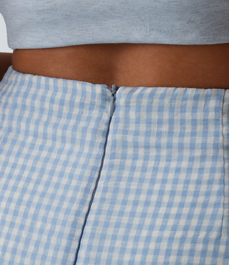 High Waisted 2-in-1 A Line Plaid Mini Casual Linen-Feel Skirt