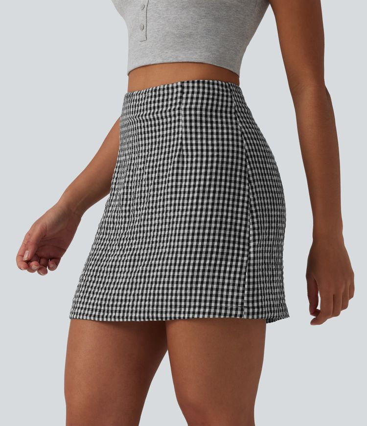 High Waisted 2-in-1 A Line Plaid Mini Casual Linen-Feel Skirt