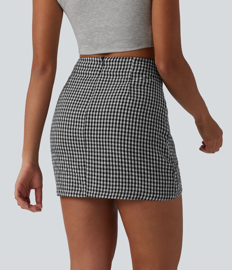 High Waisted 2-in-1 A Line Plaid Mini Casual Linen-Feel Skirt