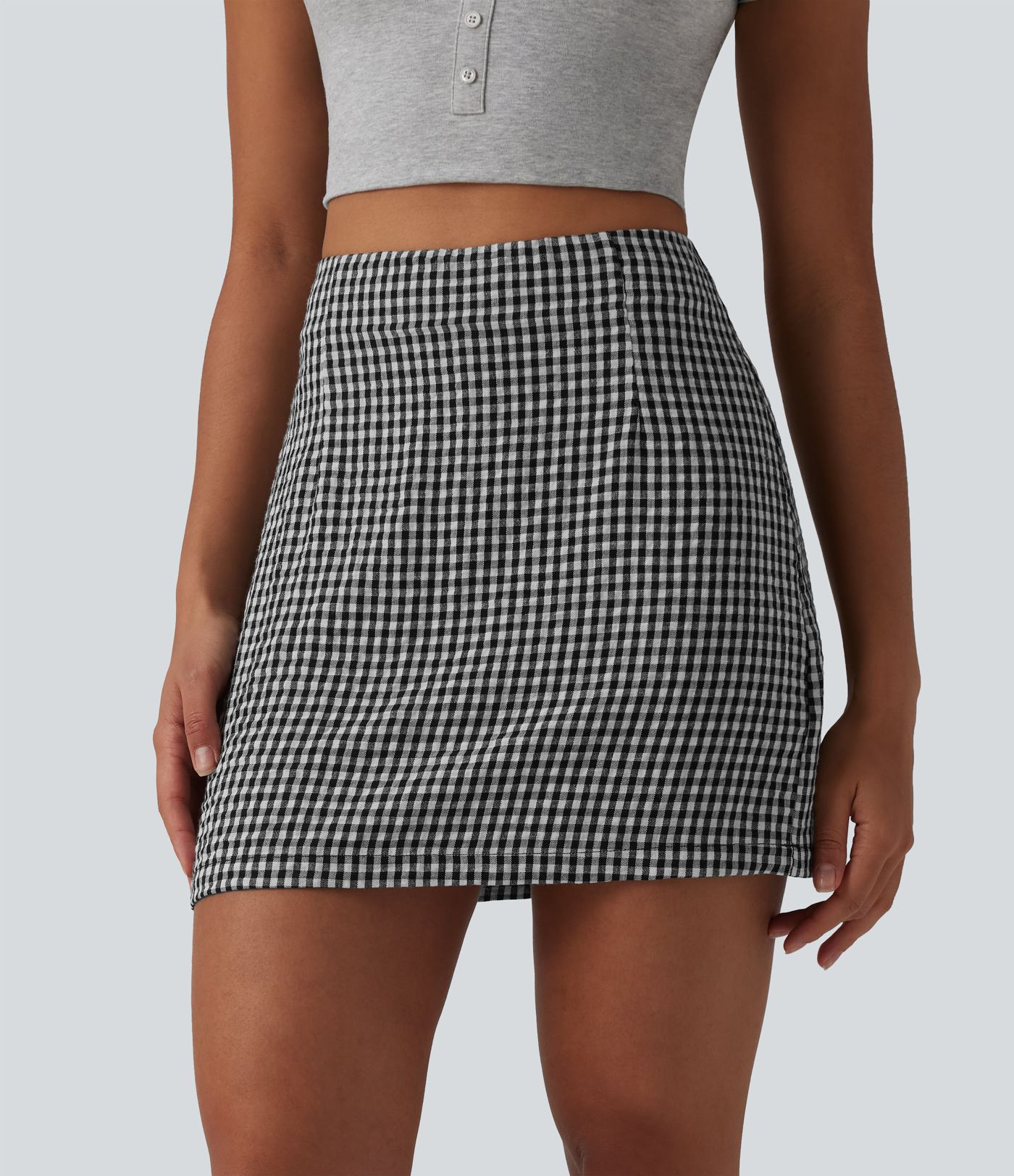 High Waisted 2-in-1 A Line Plaid Mini Casual Linen-Feel Skirt