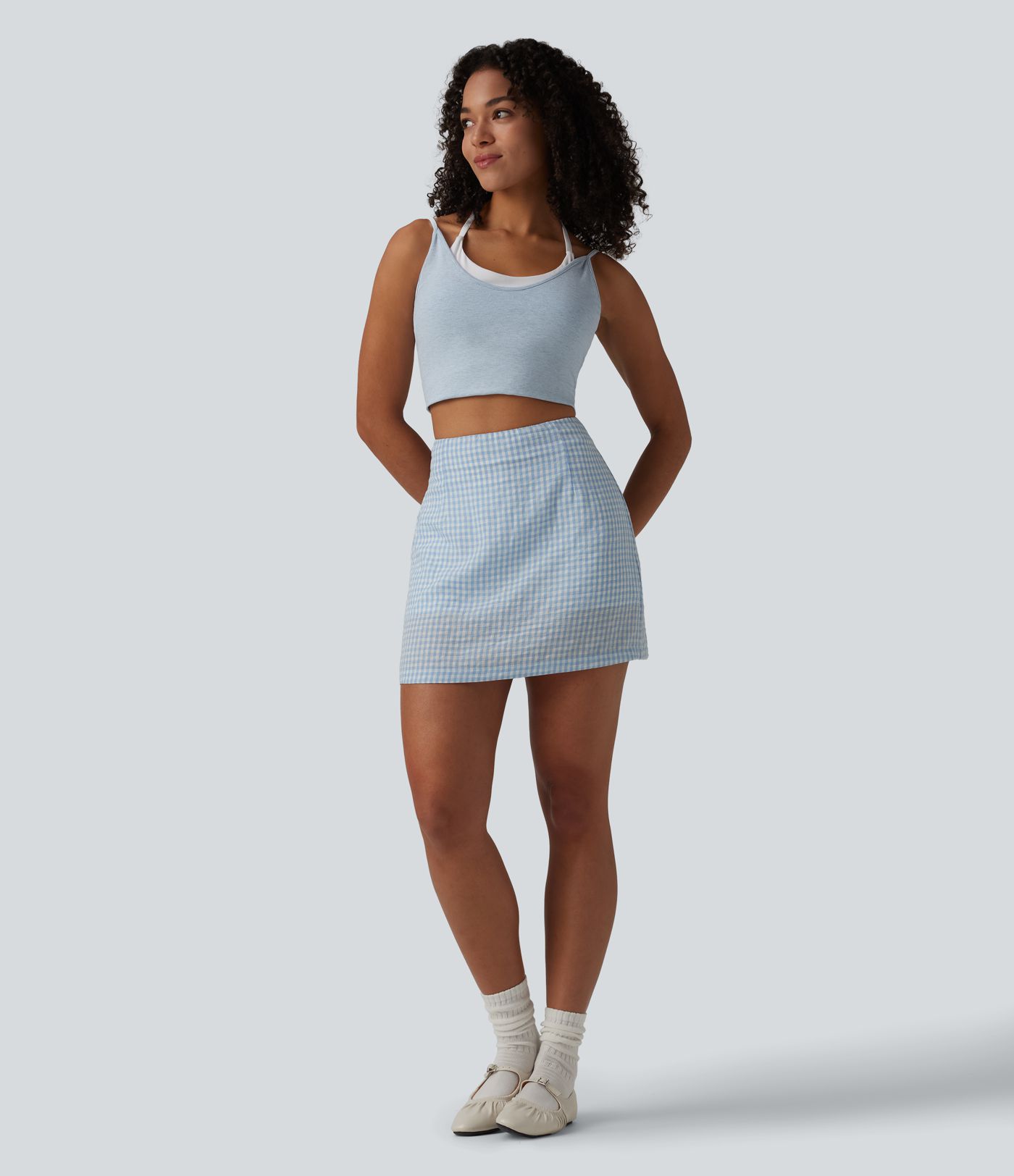 High Waisted 2-in-1 A Line Plaid Mini Casual Linen-Feel Skirt