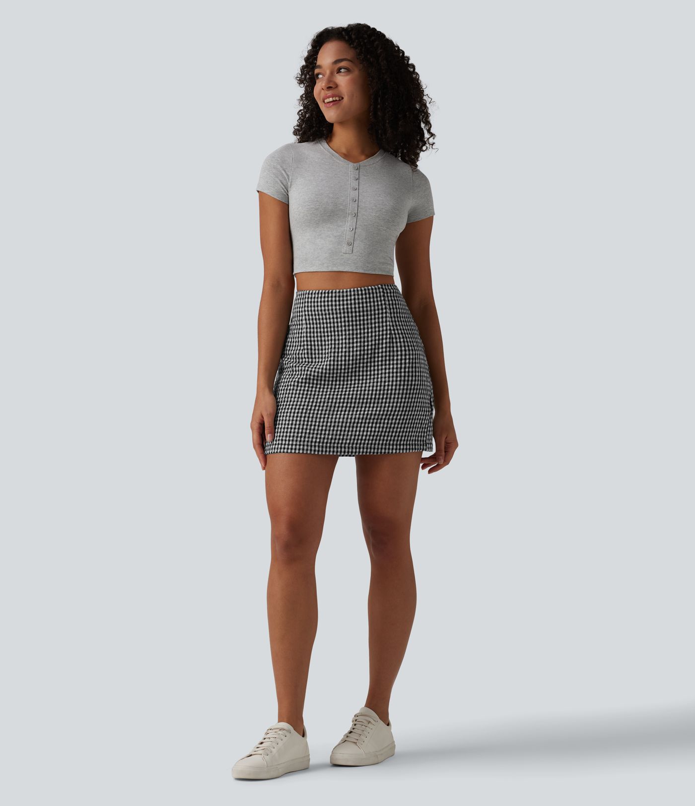 High Waisted 2-in-1 A Line Plaid Mini Casual Linen-Feel Skirt