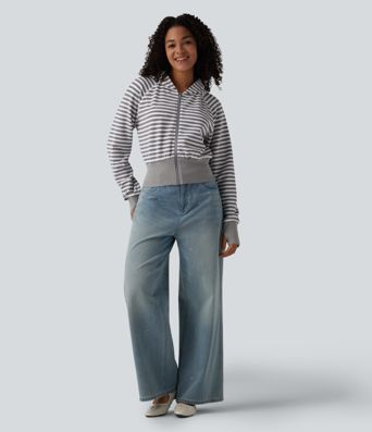 Hooded Long Sleeve Thumb Hole Stripe Waffle Casual Sweatshirt