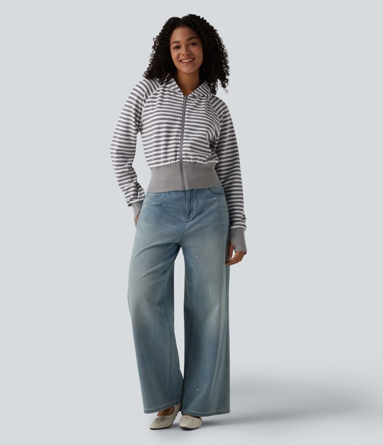 Hooded Long Sleeve Thumb Hole Stripe Waffle Casual Sweatshirt