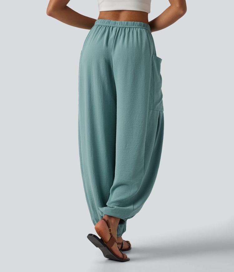 Mid Rise Drawstring Linen-Feel Joggers with Pockets