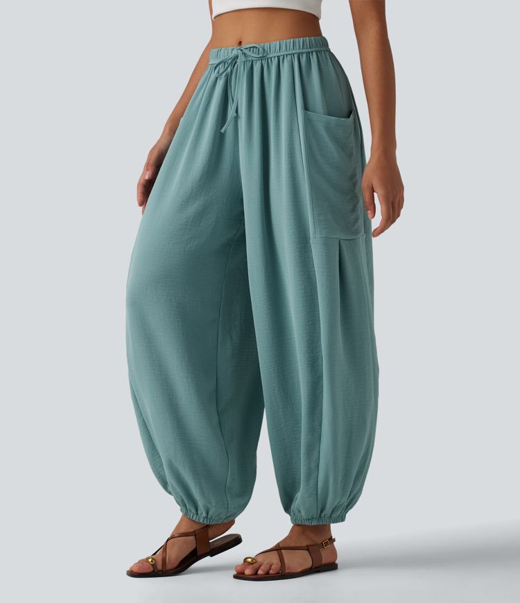 Mid Rise Drawstring Linen-Feel Joggers with Pockets