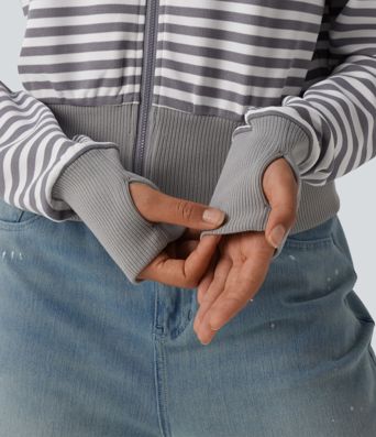 Hooded Long Sleeve Thumb Hole Stripe Waffle Casual Sweatshirt