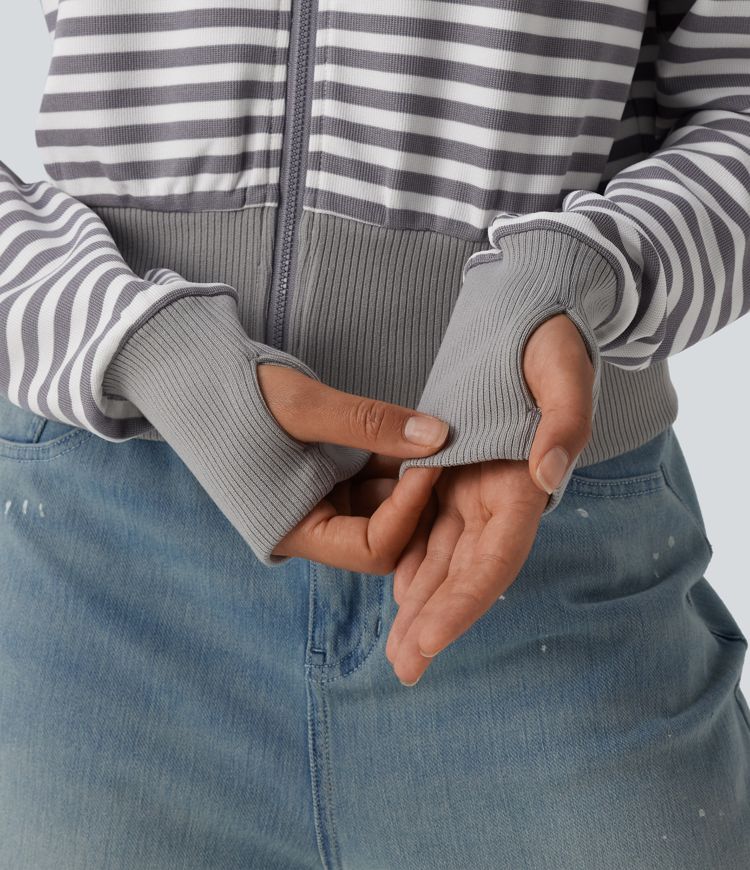 Hooded Long Sleeve Thumb Hole Stripe Waffle Casual Sweatshirt