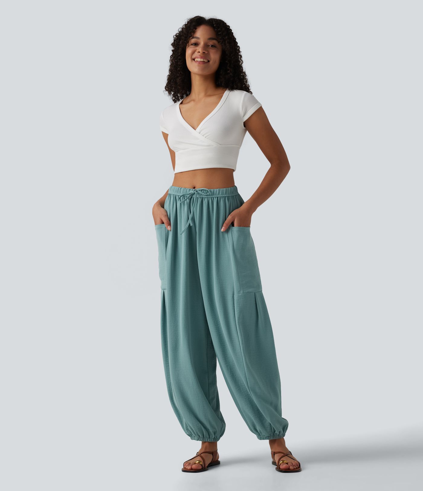Mid Rise Drawstring Linen-Feel Joggers with Pockets
