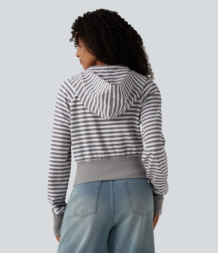Hooded Long Sleeve Thumb Hole Stripe Waffle Casual Sweatshirt