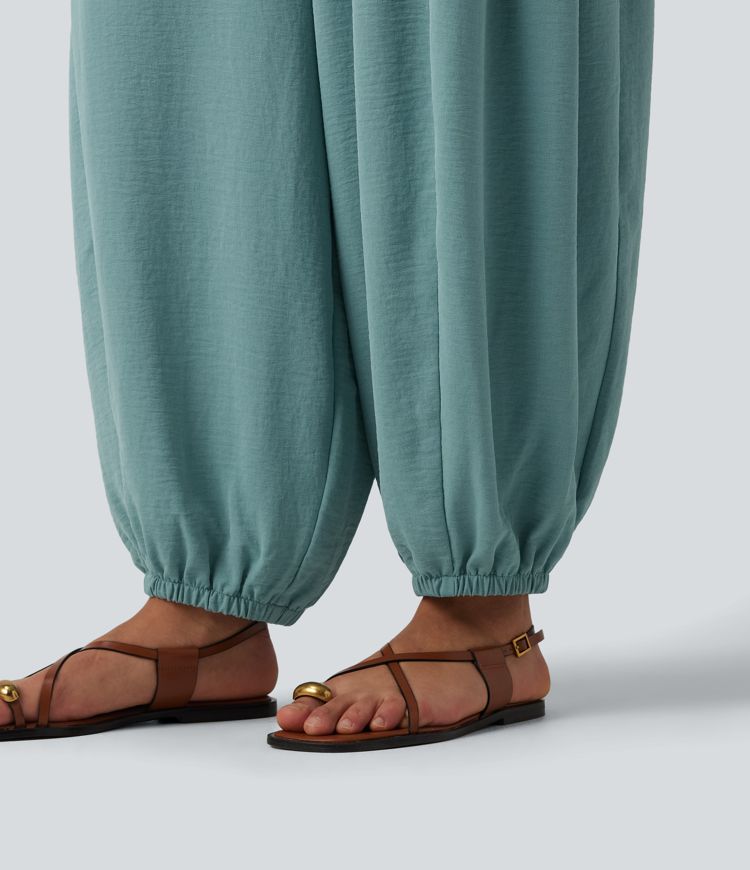 Mid Rise Drawstring Linen-Feel Joggers with Pockets