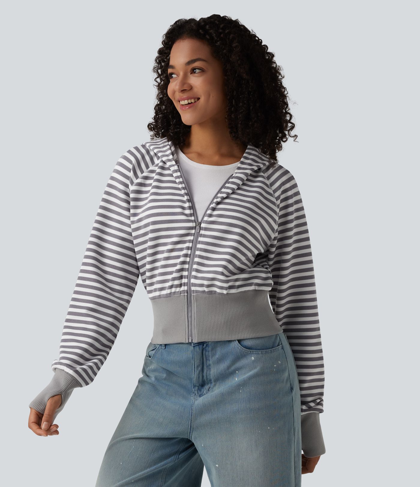 Hooded Long Sleeve Thumb Hole Stripe Waffle Casual Sweatshirt