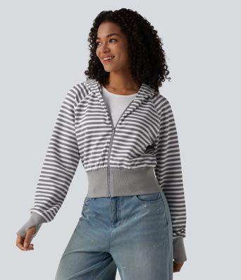 Hooded Long Sleeve Thumb Hole Stripe Waffle Casual Sweatshirt