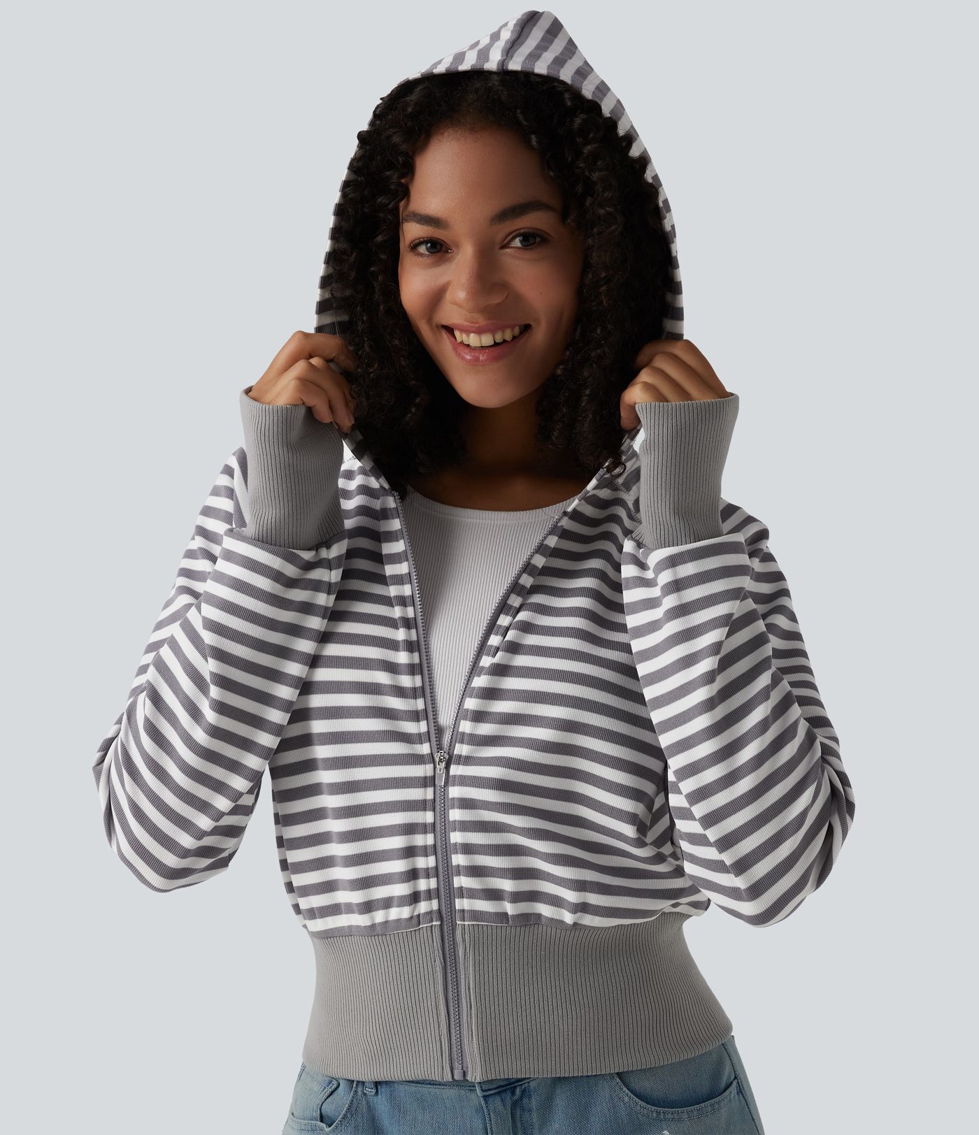 Hooded Long Sleeve Thumb Hole Stripe Waffle Casual Sweatshirt