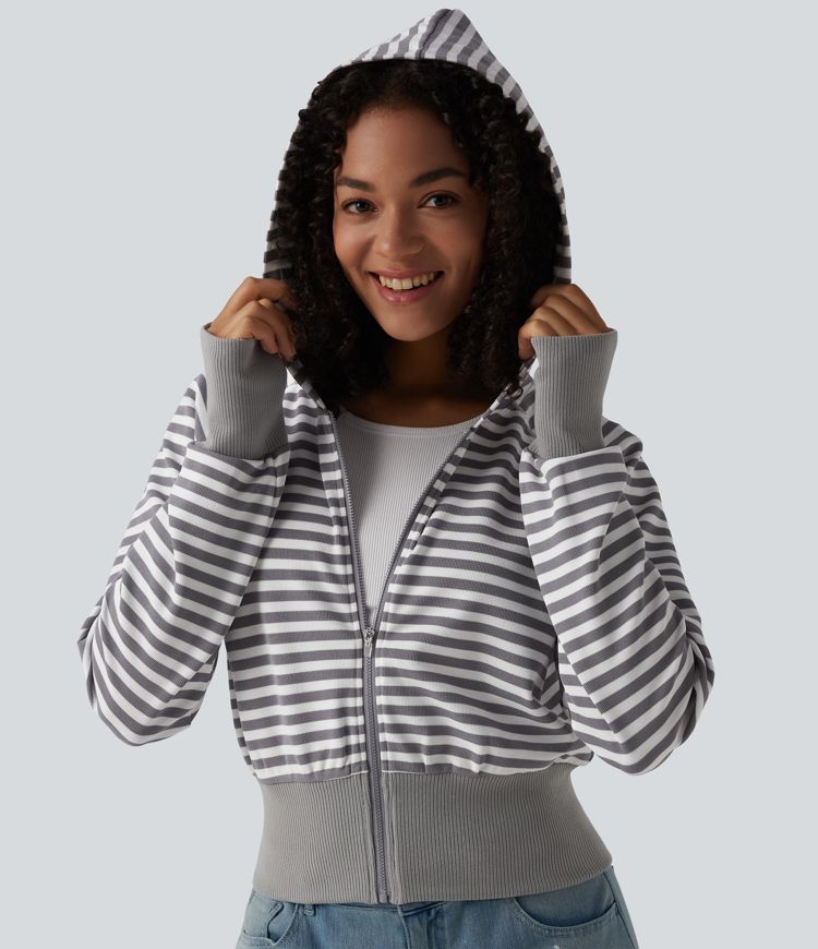 Hooded Long Sleeve Thumb Hole Stripe Waffle Casual Sweatshirt