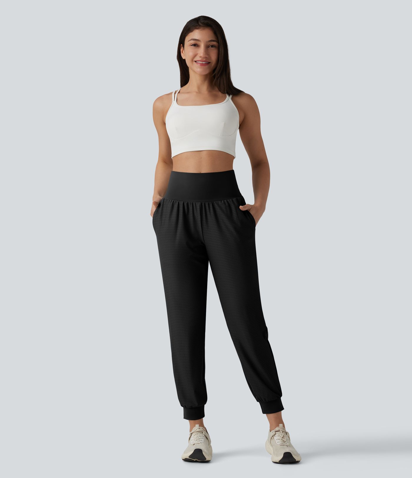 High Waisted Tummy Control Eyelet Yoga Joggers with Pockets
