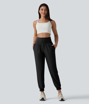 High Waisted Tummy Control Eyelet Yoga Joggers with Pockets