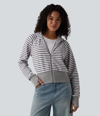 Hooded Long Sleeve Thumb Hole Stripe Waffle Casual Sweatshirt