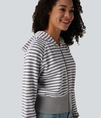 Hooded Long Sleeve Thumb Hole Stripe Waffle Casual Sweatshirt