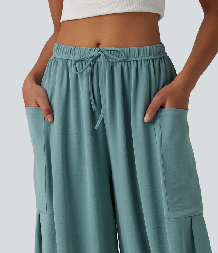 Mid Rise Drawstring Linen-Feel Joggers with Pockets