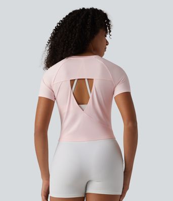 Round Neck Short Sleeve Ruched Cut Out Casual T-Shirt