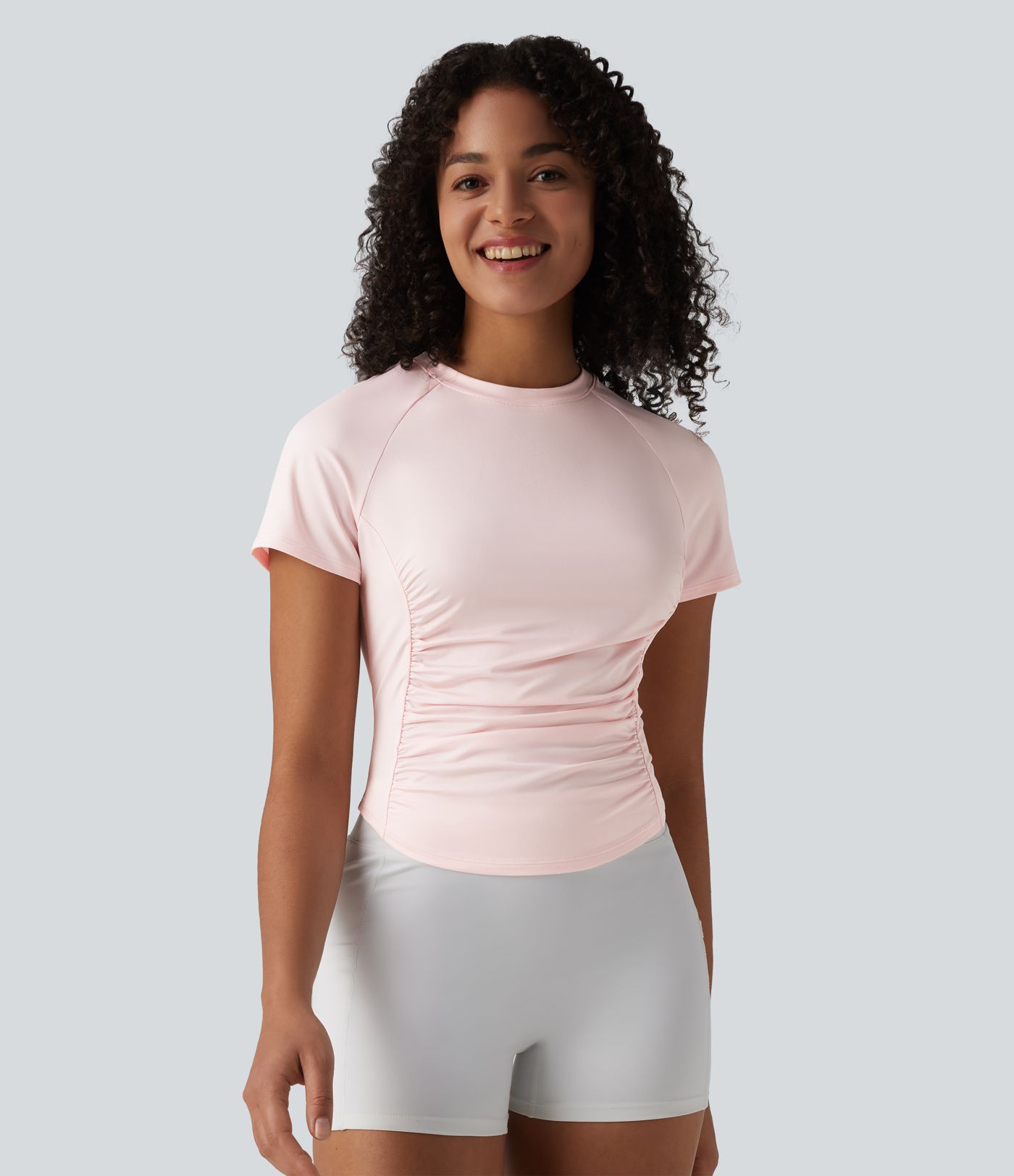 Round Neck Short Sleeve Ruched Cut Out Casual T-Shirt