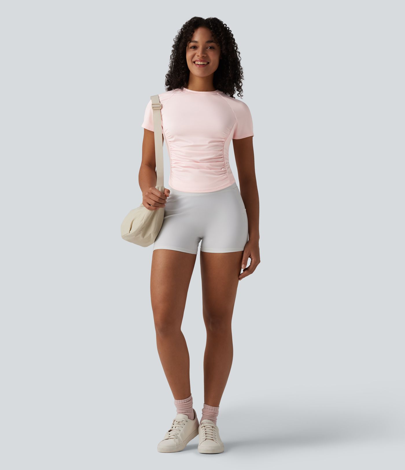 Round Neck Short Sleeve Ruched Cut Out Casual T-Shirt