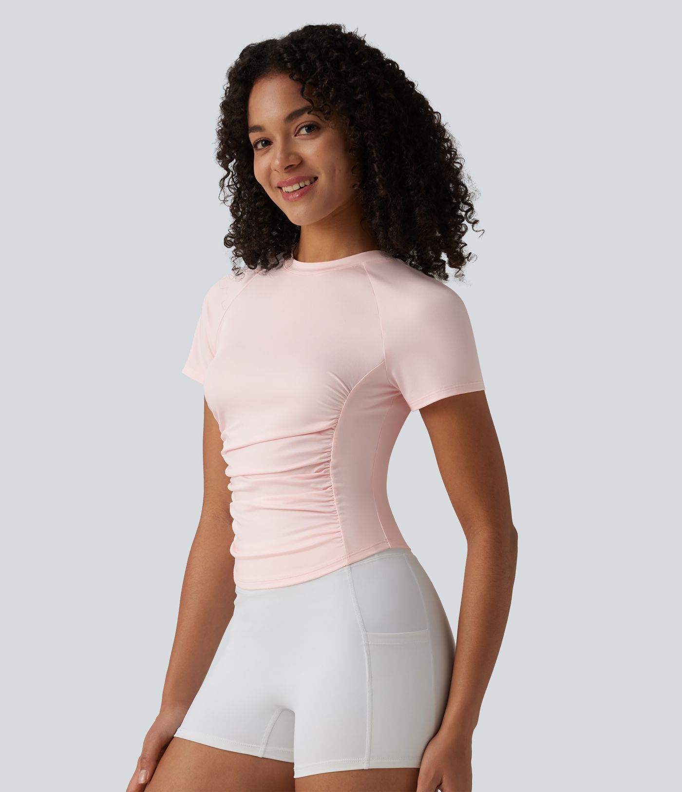 Round Neck Short Sleeve Ruched Cut Out Casual T-Shirt