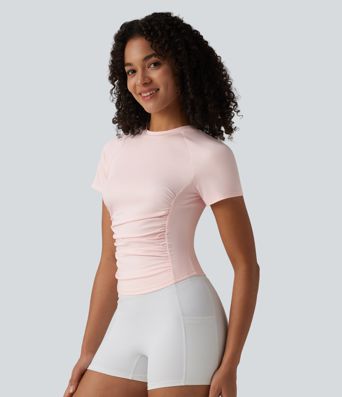 Round Neck Short Sleeve Ruched Cut Out Casual T-Shirt