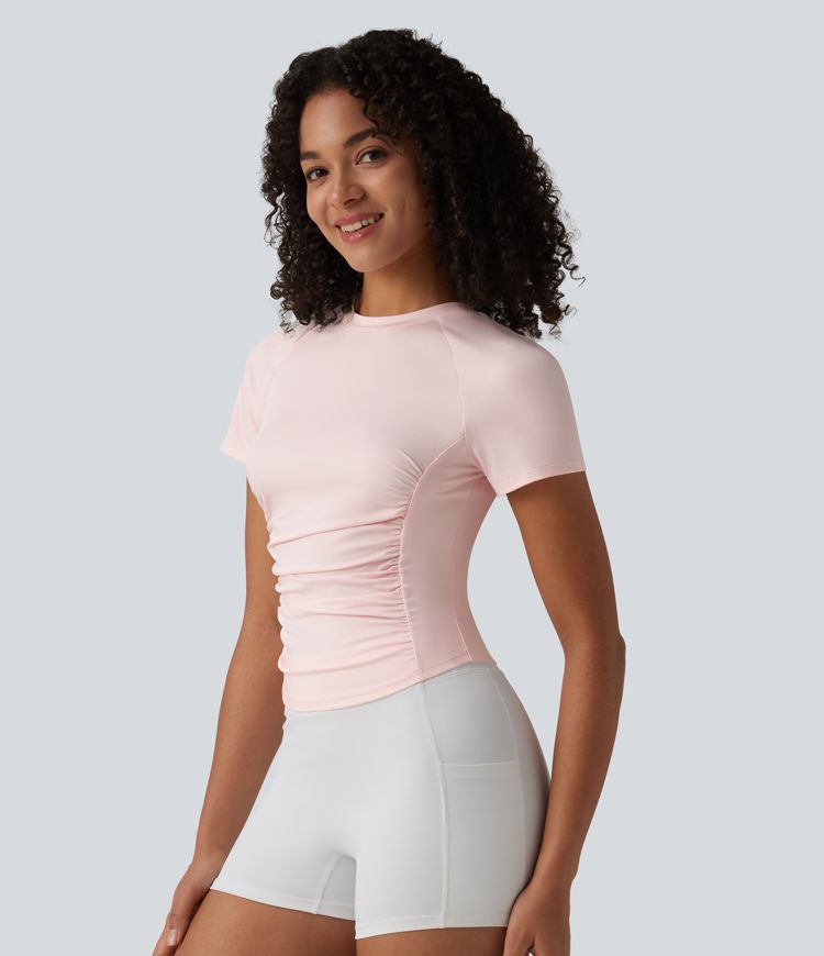 Round Neck Short Sleeve Ruched Cut Out Casual T-Shirt