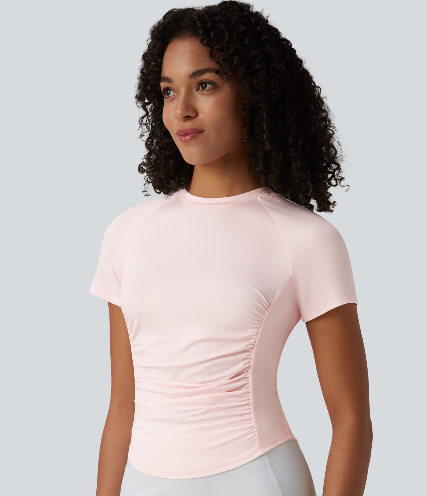 Round Neck Short Sleeve Ruched Cut Out Casual T-Shirt