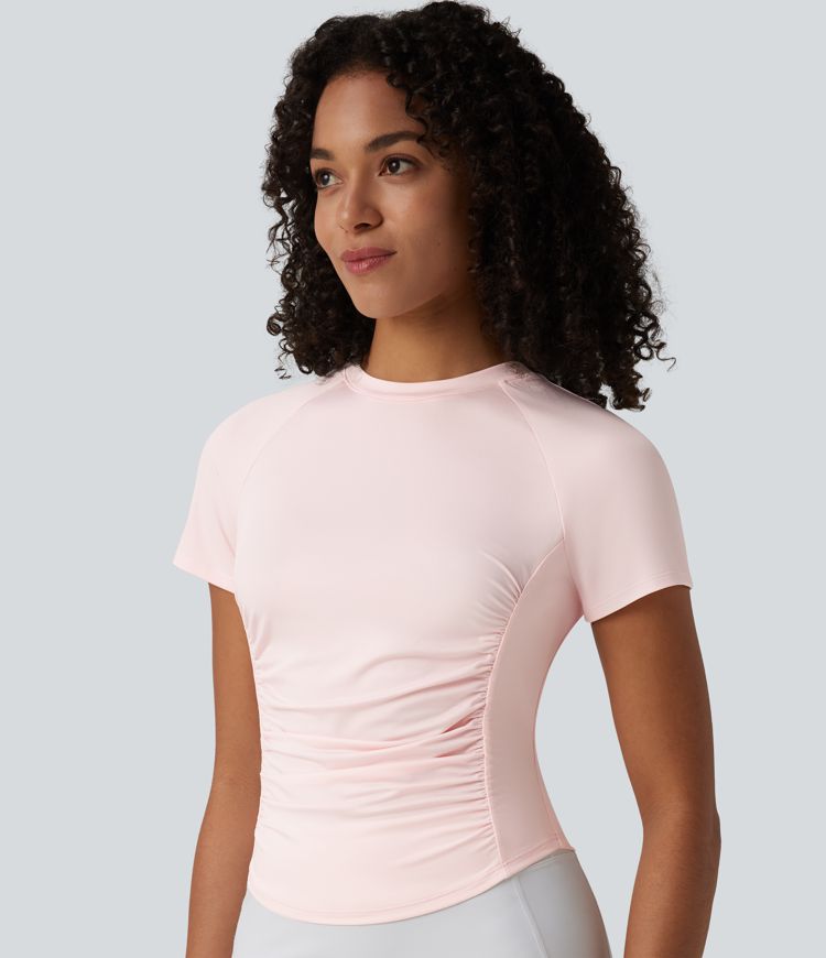 Round Neck Short Sleeve Ruched Cut Out Casual T-Shirt