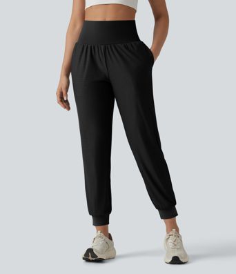 High Waisted Tummy Control Eyelet Yoga Joggers with Pockets
