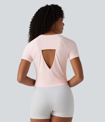 Round Neck Short Sleeve Ruched Cut Out Casual T-Shirt