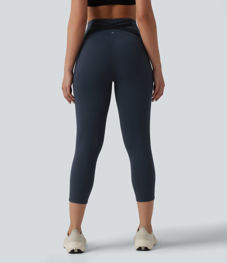 Halara Ultrasculpt™ High Waisted Tummy Control Crossover Back Capri Running Leggings with Pockets