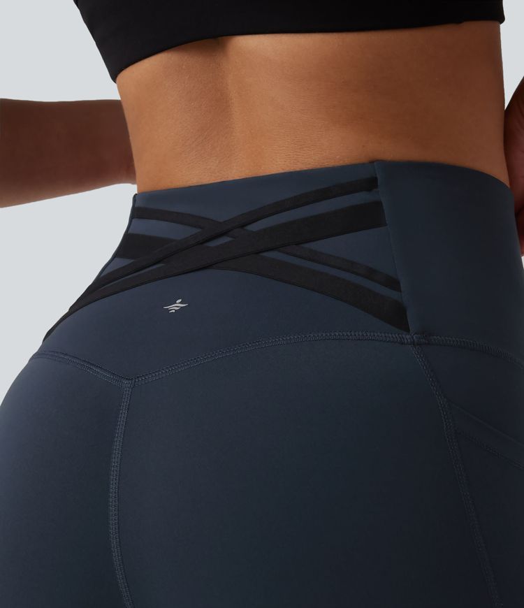 Halara Ultrasculpt™ High Waisted Tummy Control Crossover Back Capri Running Leggings with Pockets