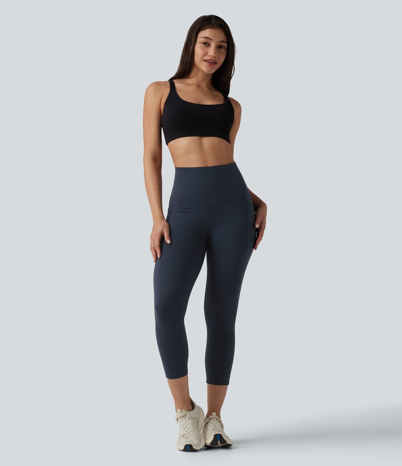 Halara Ultrasculpt™ High Waisted Tummy Control Crossover Back Capri Running Leggings with Pockets