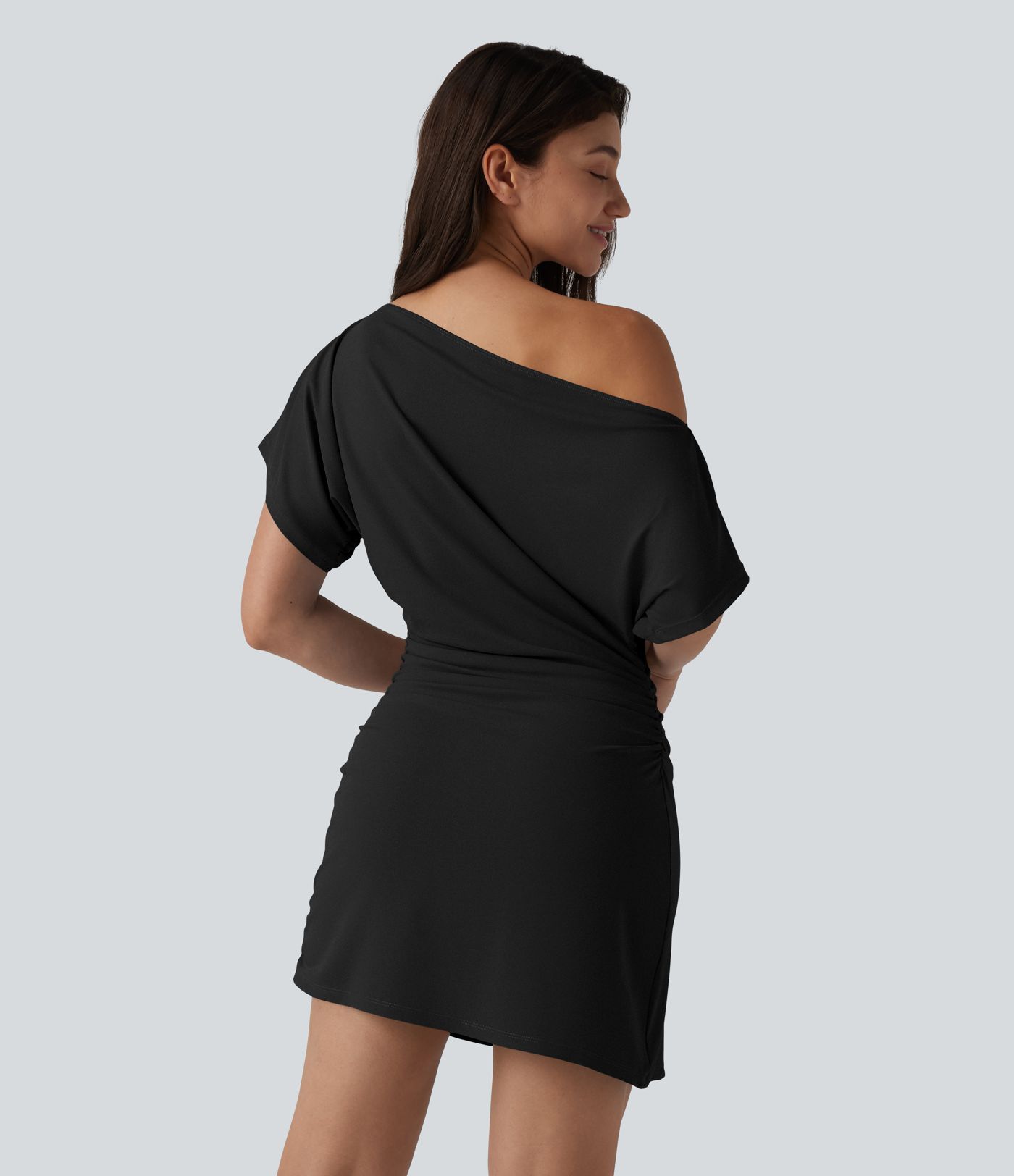 One Shoulder Short Sleeve Ruched Bodycon Mini Casual Dress