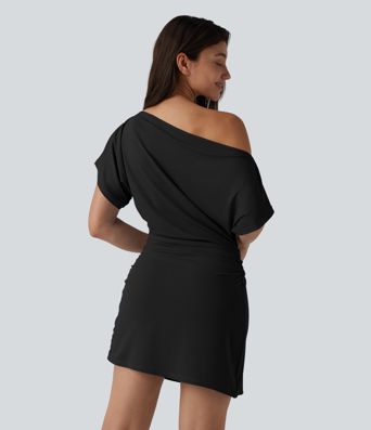 One Shoulder Short Sleeve Ruched Bodycon Mini Casual Dress