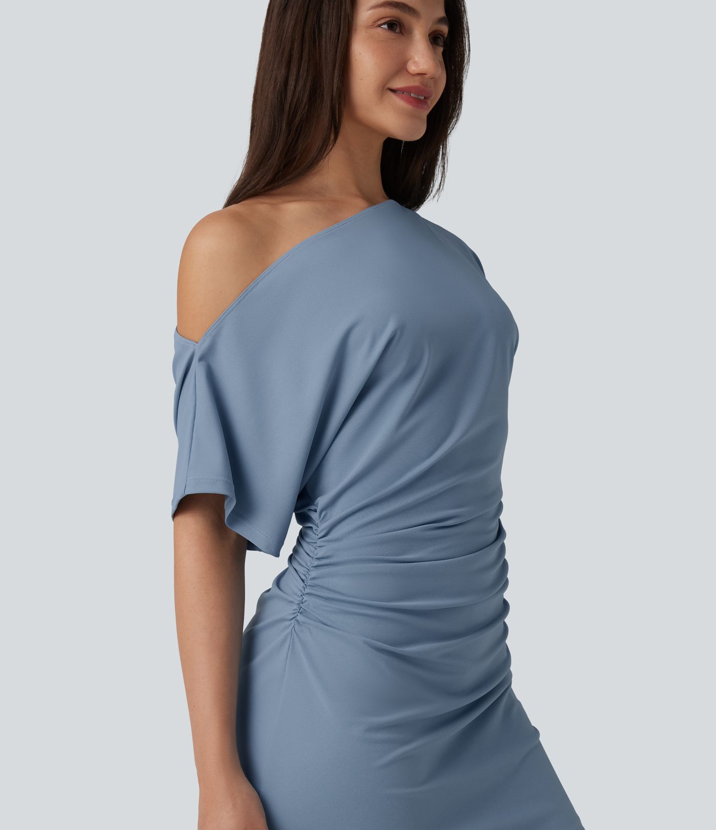 One Shoulder Short Sleeve Ruched Bodycon Mini Casual Dress