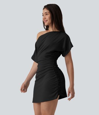 One Shoulder Short Sleeve Ruched Bodycon Mini Casual Dress