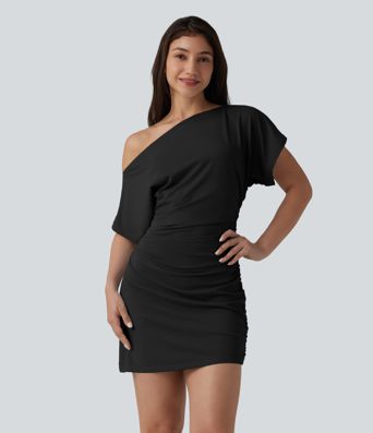One Shoulder Short Sleeve Ruched Bodycon Mini Casual Dress
