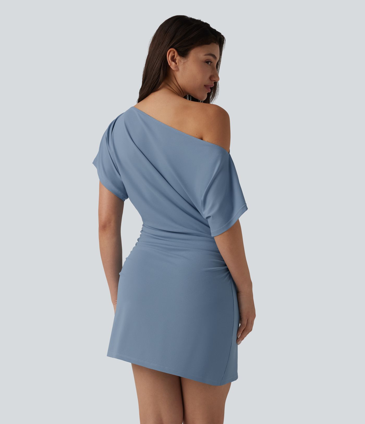 One Shoulder Short Sleeve Ruched Bodycon Mini Casual Dress