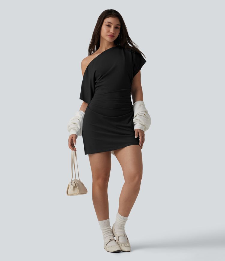 One Shoulder Short Sleeve Ruched Bodycon Mini Casual Dress