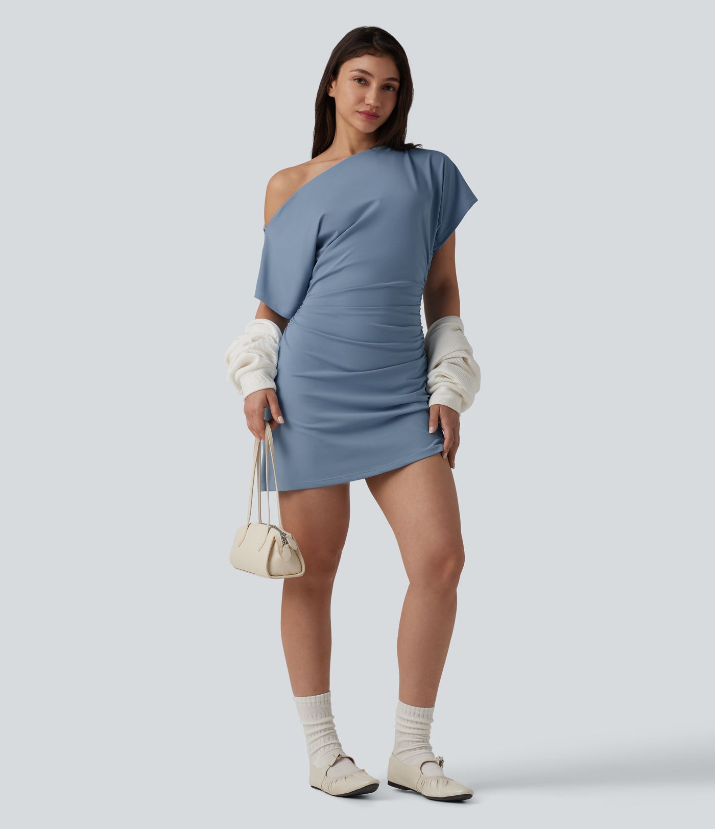One Shoulder Short Sleeve Ruched Bodycon Mini Casual Dress
