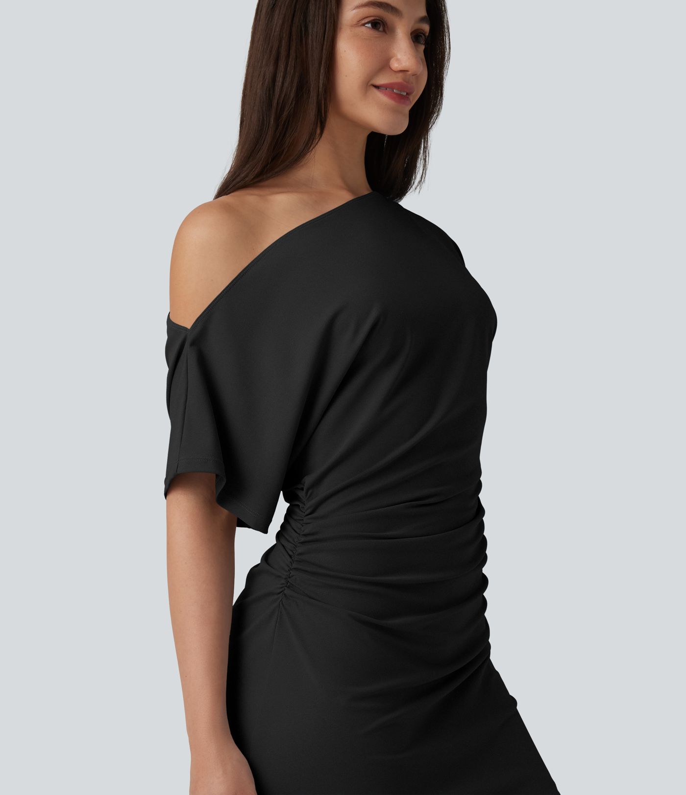 One Shoulder Short Sleeve Ruched Bodycon Mini Casual Dress