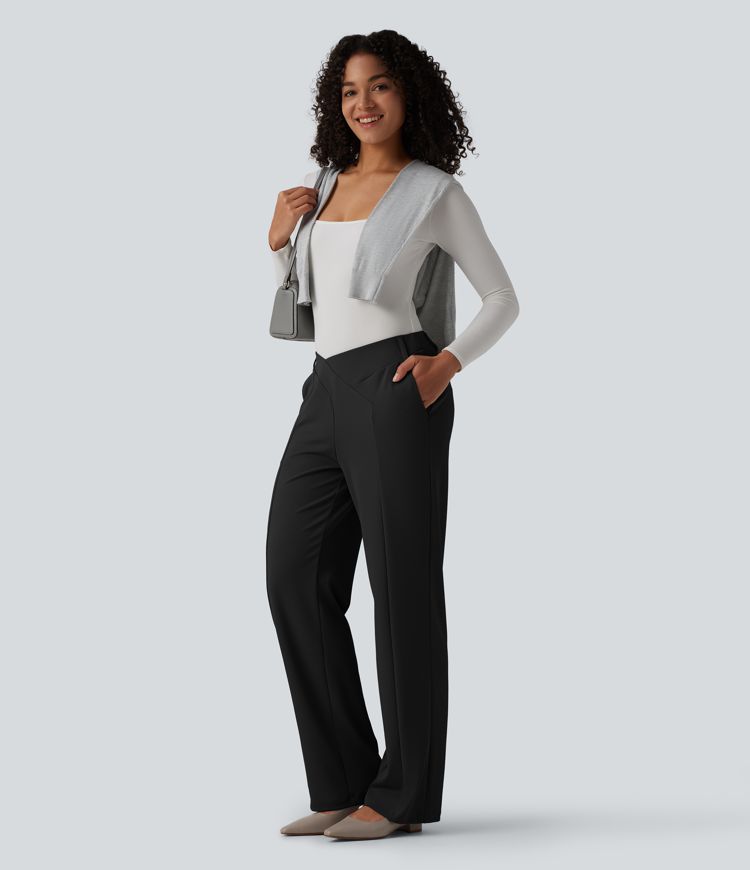 Pantalon tailleur Halara Flex™ asymétrique coupe droite taille mi-haute crêpe avec poches