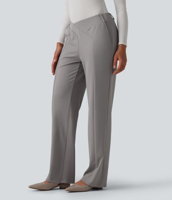 Halara Flex™ Asymmetric Mid Rise Straight Leg Crepe Work Pants with Pockets