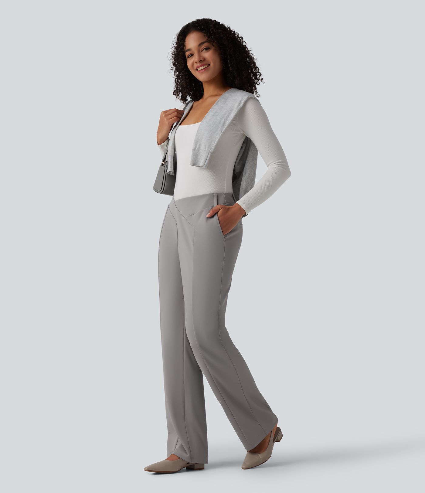 Halara Flex™ Asymmetric Mid Rise Straight Leg Crepe Work Pants with Pockets
